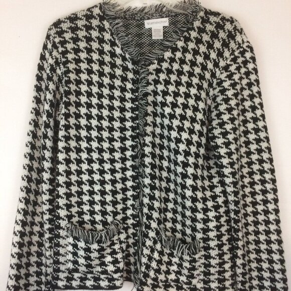 Worthington Womens Open Front Cardigan Size M Black White Houndstooth Fringes - Picture 8 of 11